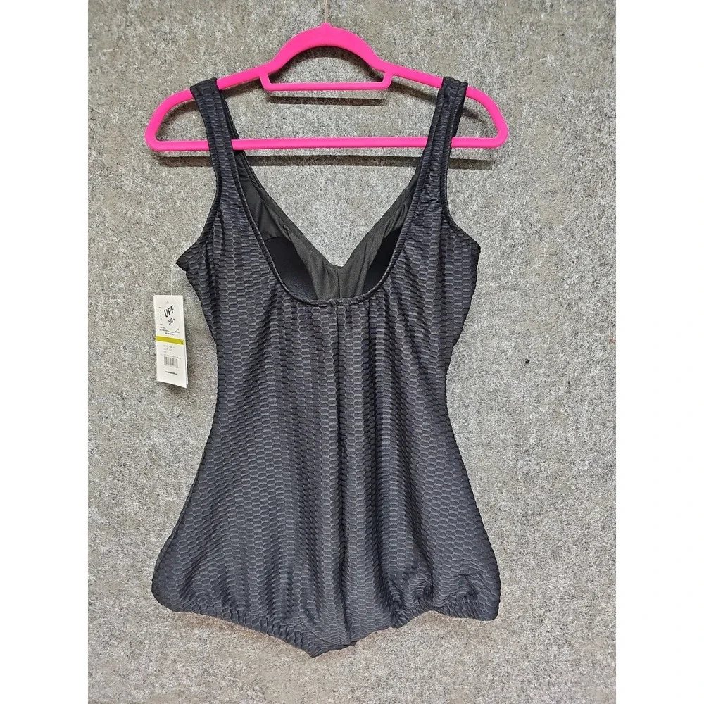Maxine Of Hollywood Textured Spa Shirred Swimsuit, Girl Leg, Black, Size 14, New